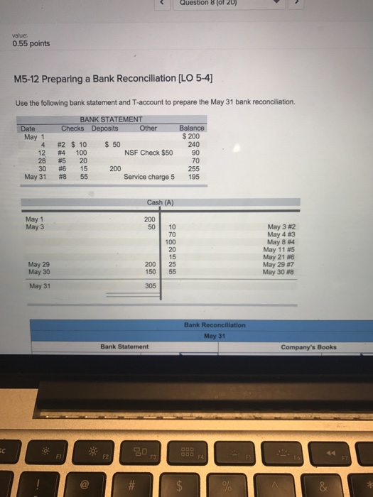  Question 8 (of 20) value: 0.55 points M5-12 Preparing a Bank