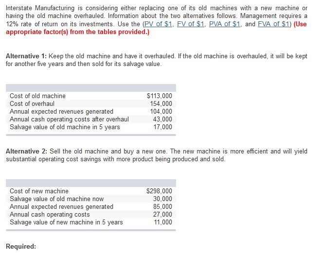 Interstate Manufacturing is considering either replacing one of its old machines