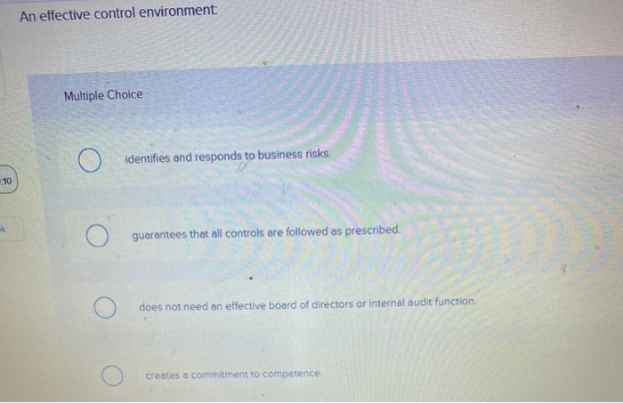  An effective control environment Multiple Choice identifies and responds to business