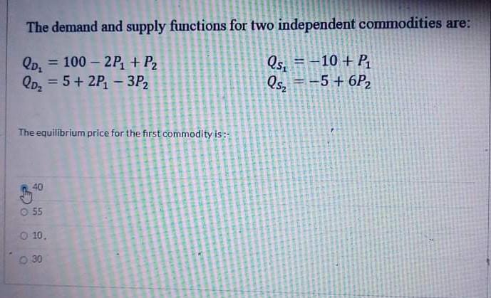 The demand and supply functions for two independent commodities are: QD