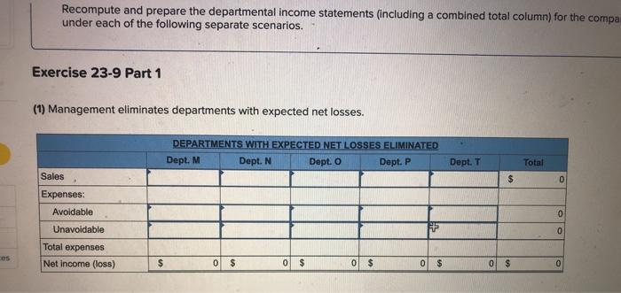 Exercise 23-9 Analyzing income effects from eliminating departments LO P4 [The following
