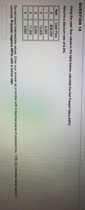  QUESTION 10 Using the cash flow values in the table below,