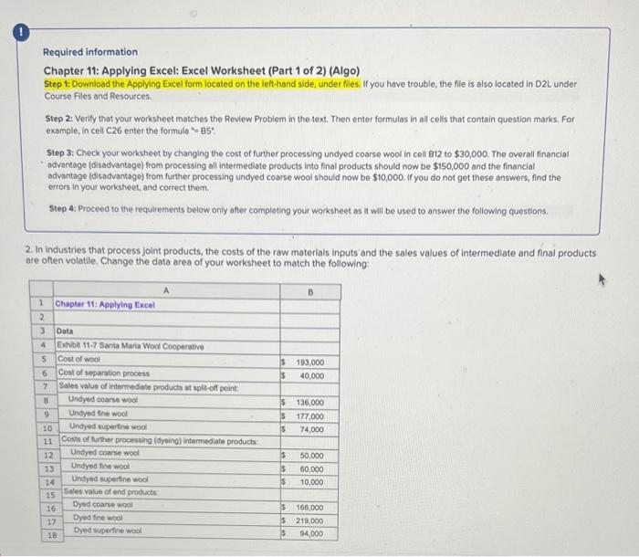  Required information Chapter 11: Applying Excel: Excel Worksheet (Part 1 of