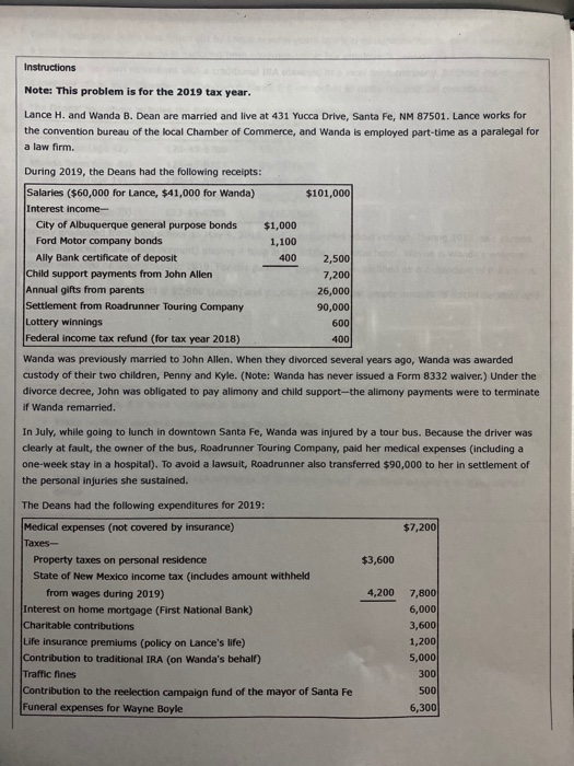  Instructions Note: This problem is for the 2019 tax year. Lance