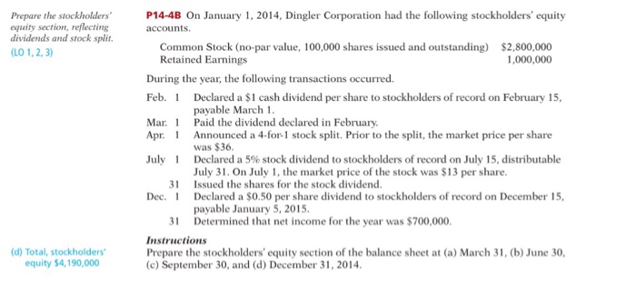  Prepare the stockholders' equity section, reflecting dividends and stock split. (L0