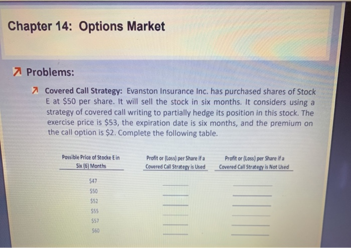  Chapter 14: Options Market 2 Problems: 7 Covered Call Strategy: Evanston