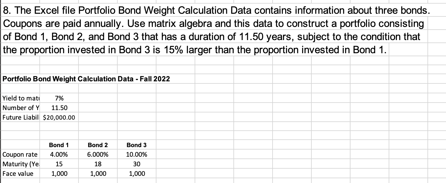  8. The Excel file Portfolio Bond Weight Calculation Data contains information