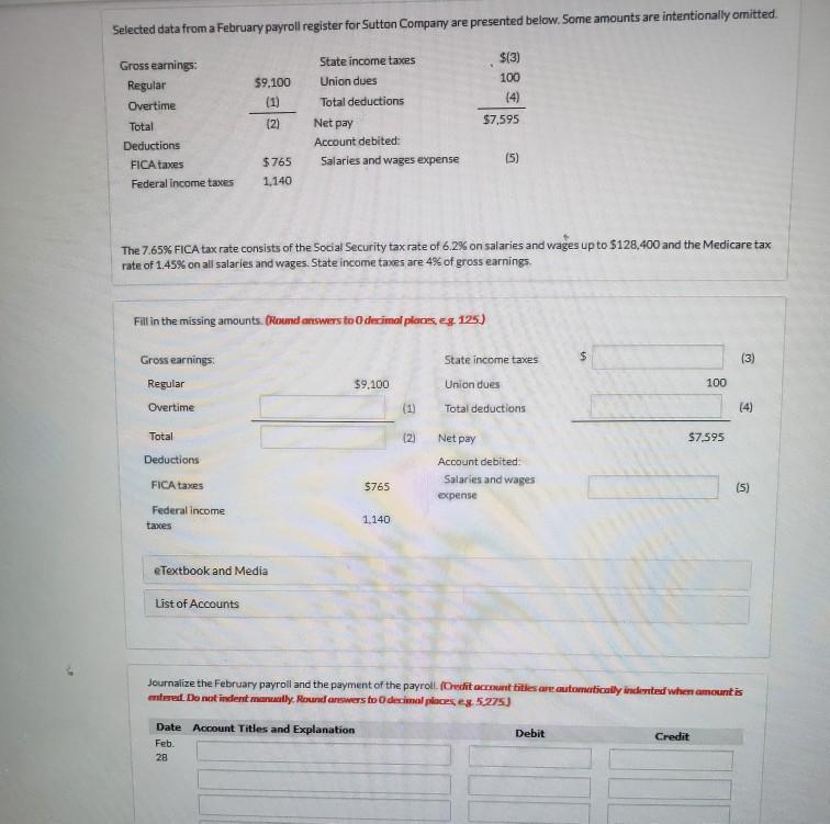  Selected data from a February payroll register for Sutton Company are