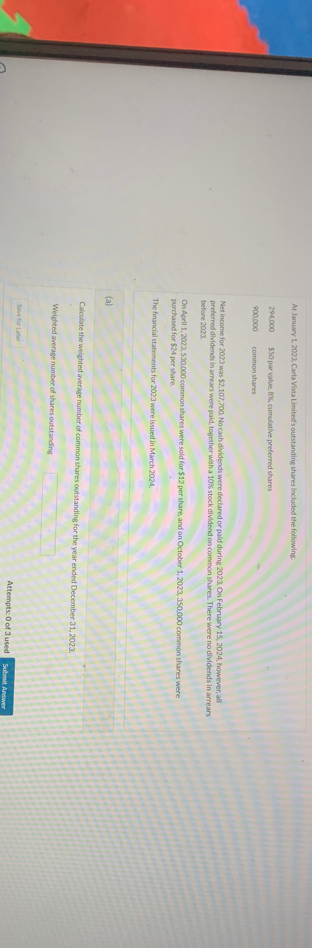  At January 1,2023, Carla Vista Limited's outstanding shares included the following: