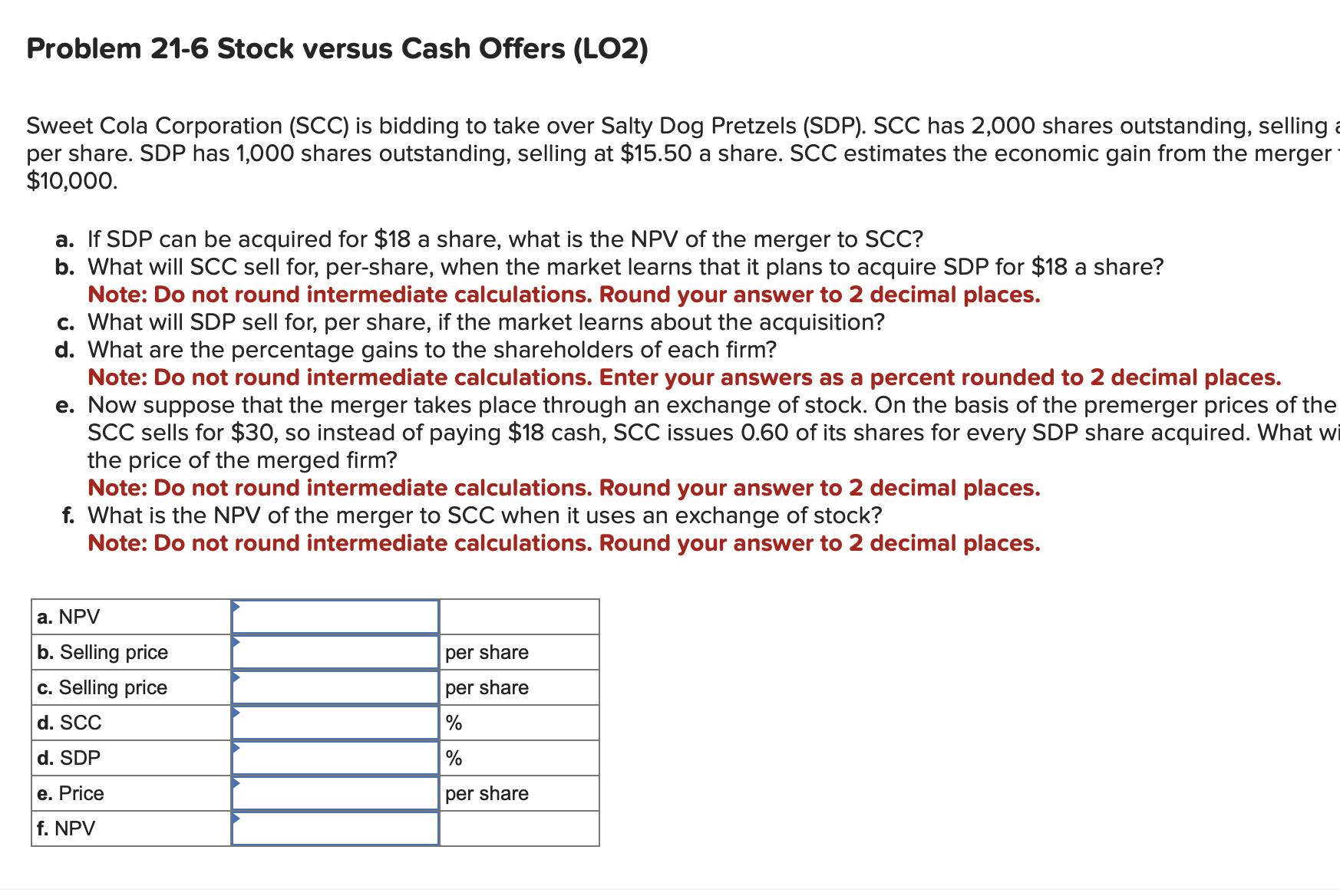  Problem 21-6 Stock versus Cash Offers (LO2) Sweet Cola Corporation (SCC)
