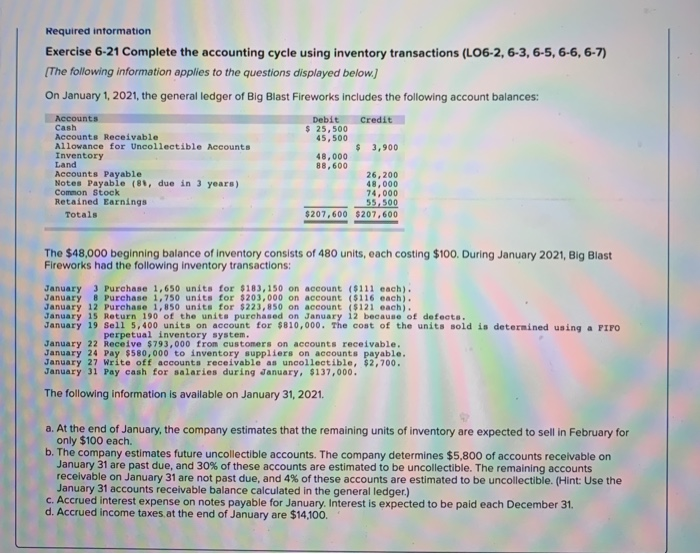  Required information Exercise 6-21 Complete the accounting cycle using inventory transactions