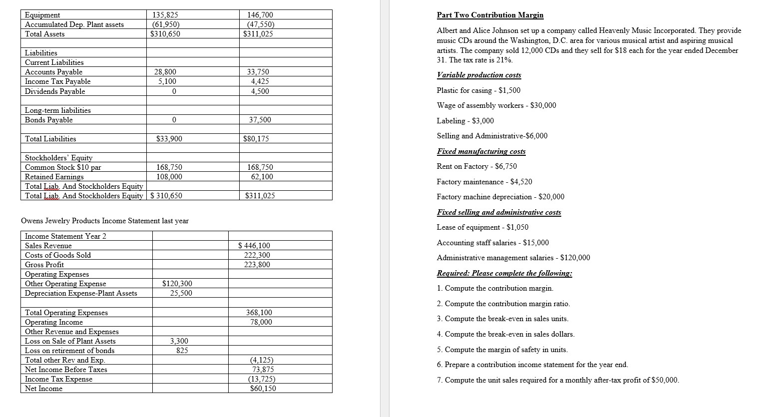 Part Two Contribution Margin Albert and Alice Johnson set up a