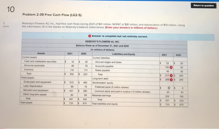  Return to question 10 Problem 2-39 Free Cash Flow (LG2-5) 2