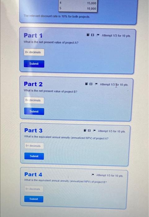 free cash flow for each project and year is given below. Year