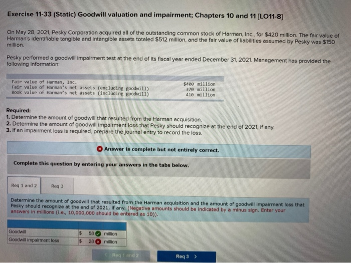  Exercise 11-33 (Static) Goodwill valuation and impairment; Chapters 10 and 11