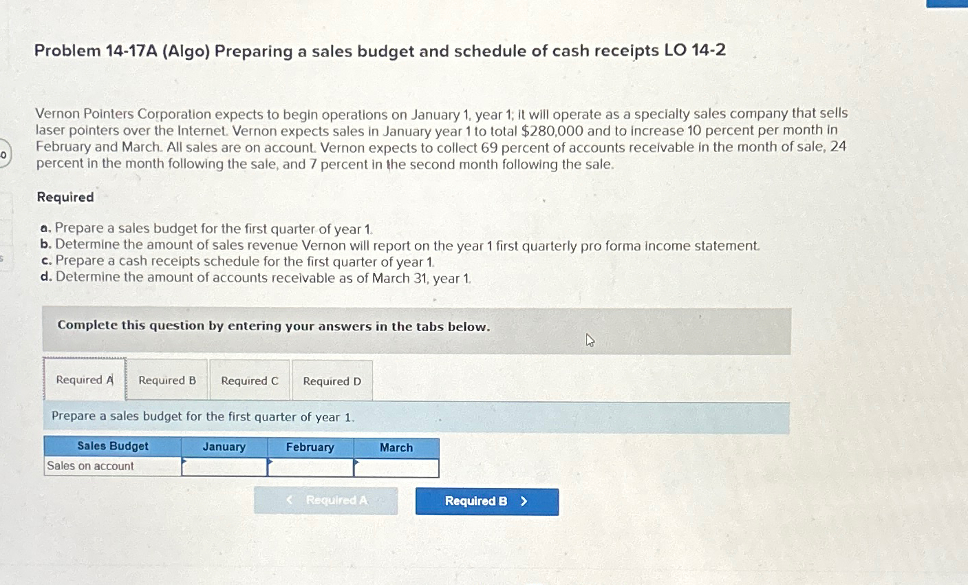  Problem 14-17A (Algo) Preparing a sales budget and schedule of cash