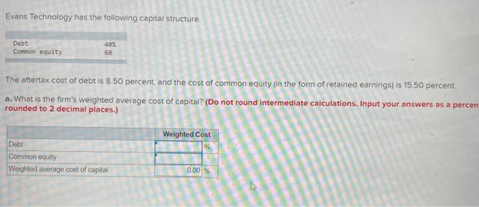  Evans Technology has the following capital structure Debt Common equity 40%
