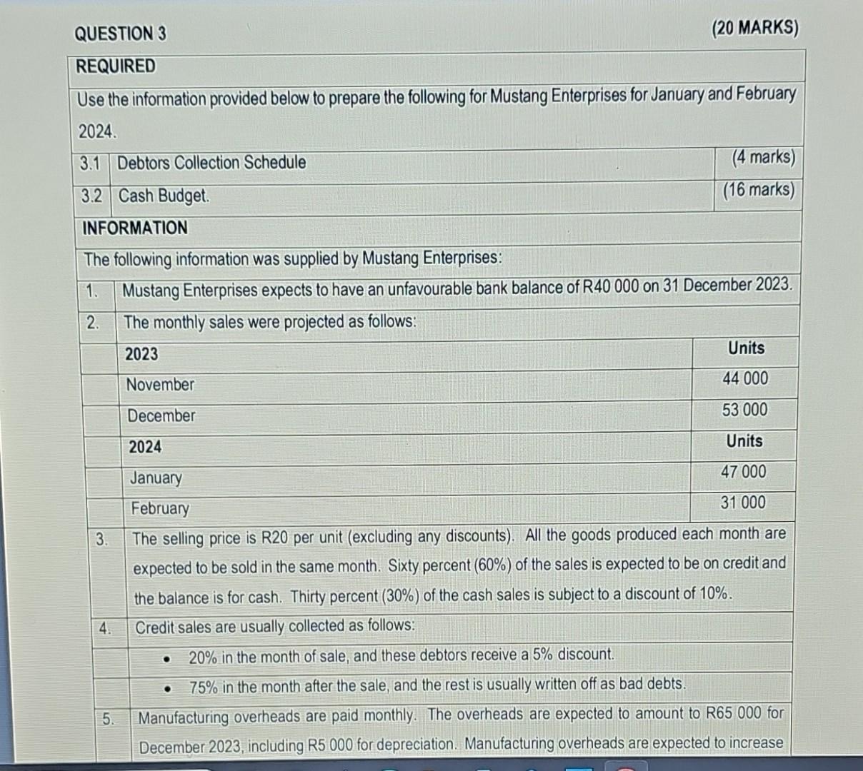 QUESTION 3 (20 MARKS) REQUIRED Use the information provided below to
