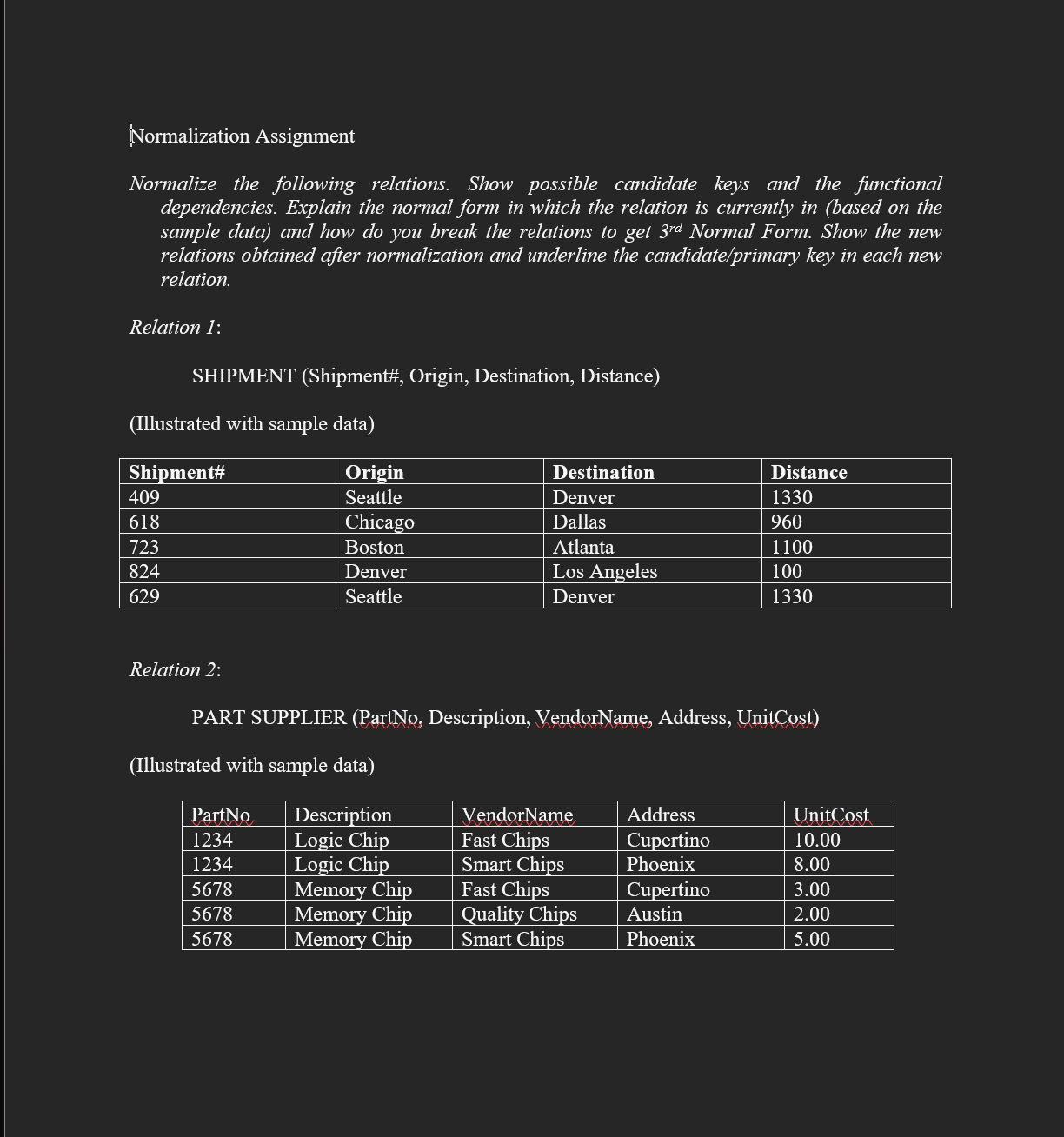  Normalization Assignment Normalize the following relations. Show possible candidate keys and