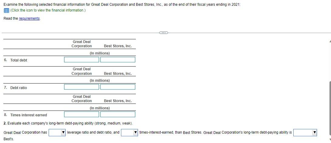 of calculating ratios in this exercise. Data table Requirements 1. Complete the