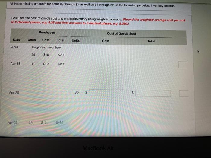  Fill in the missing amounts for items (a) through (o) as