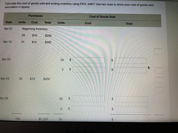 Goods Sold Date Units Cost Total Units Cost Total Apr-01 Beginning Inventory