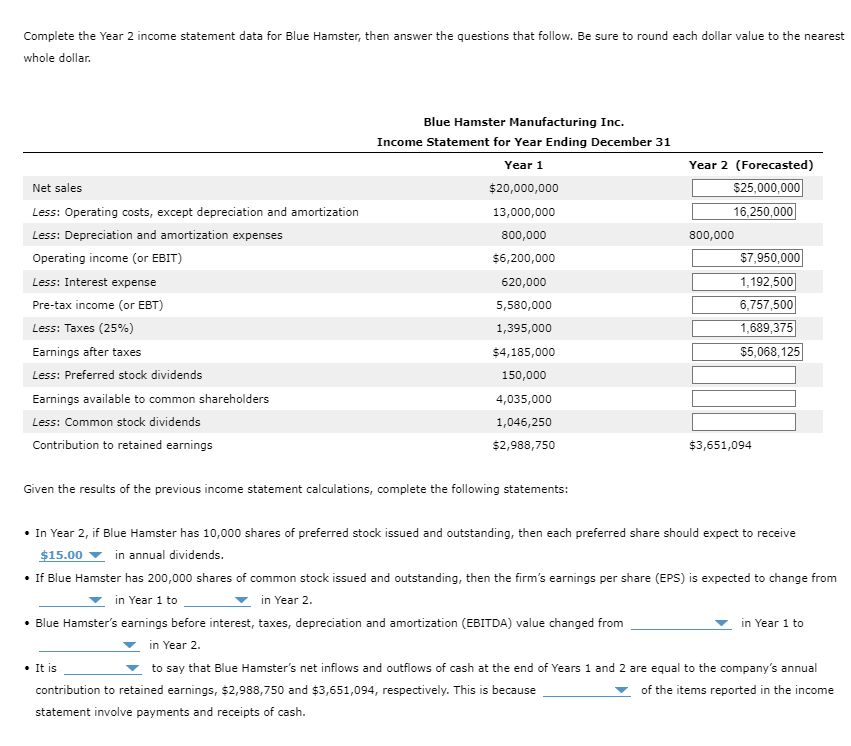  Complete the Year 2 income statement data for Blue Hamster, then