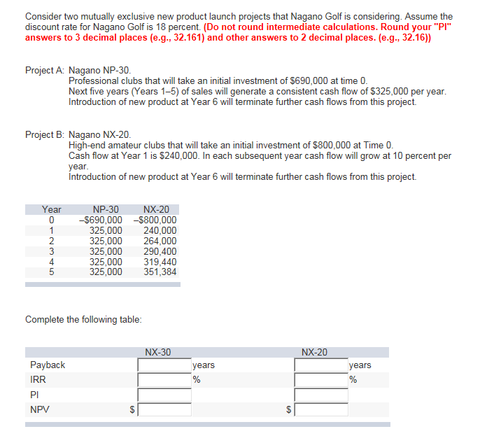 F6 Consider two mutually exclusive new product launch projects that Nagano