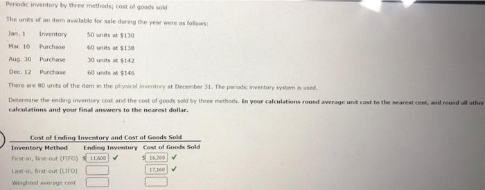 help understanding missing values Periodic inventory by three methods; cost of goods