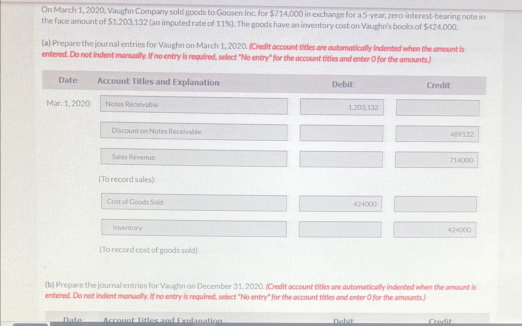  On March 1,2020, Vaughn Company sold goods to Goosen Inc. for