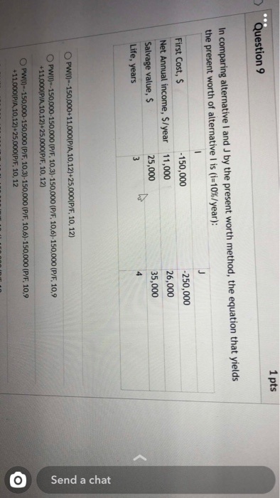  1 pts > Question 9 In comparing alternative I and J