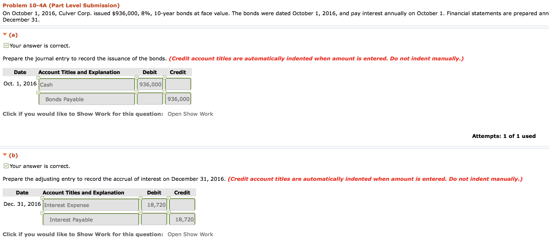  Problem 10-4A (Part Level Submission) On October 1, 2016, Culver Corp.