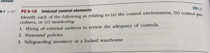  Exercises OBJ.2 8-1 p. 403 PE 8-1A Internal control elements Identify
