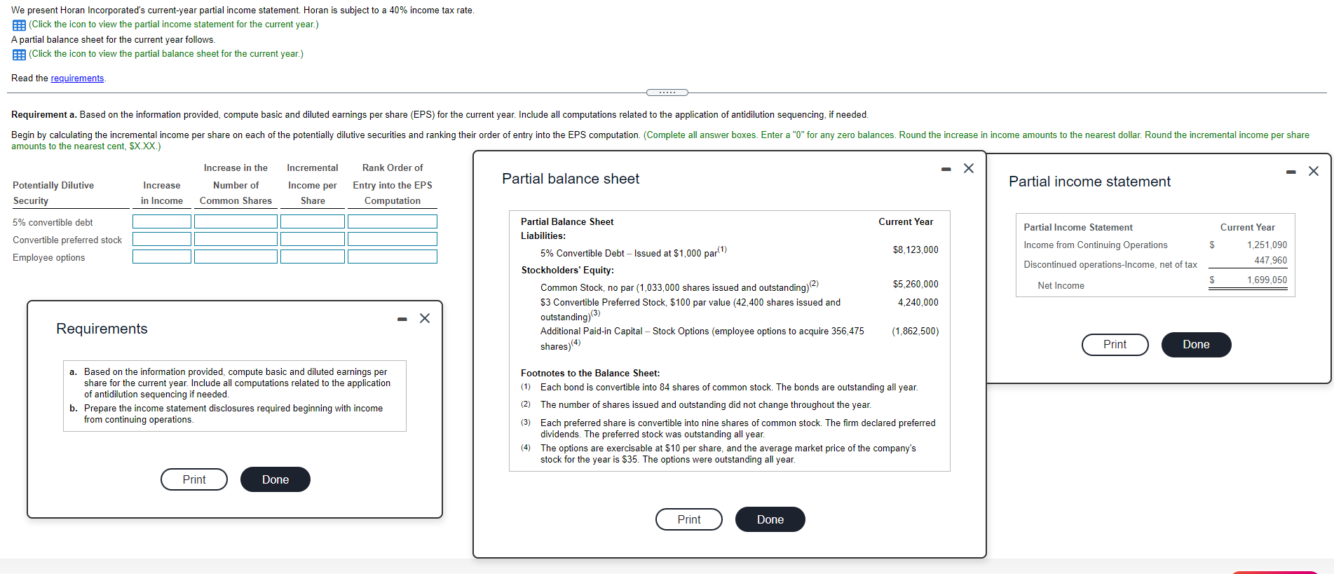  We present Horan Incorporated's current-year partial income statement. Horan is subject
