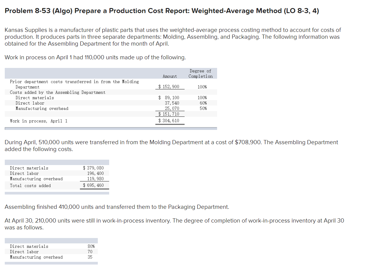  Problem 8-53 (Algo) Prepare a Production Cost Report: Weighted-Average Method (LO