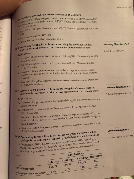  Receivables 471 iuformation to answer Exercises E-18 and E8-19 12018, Debs
