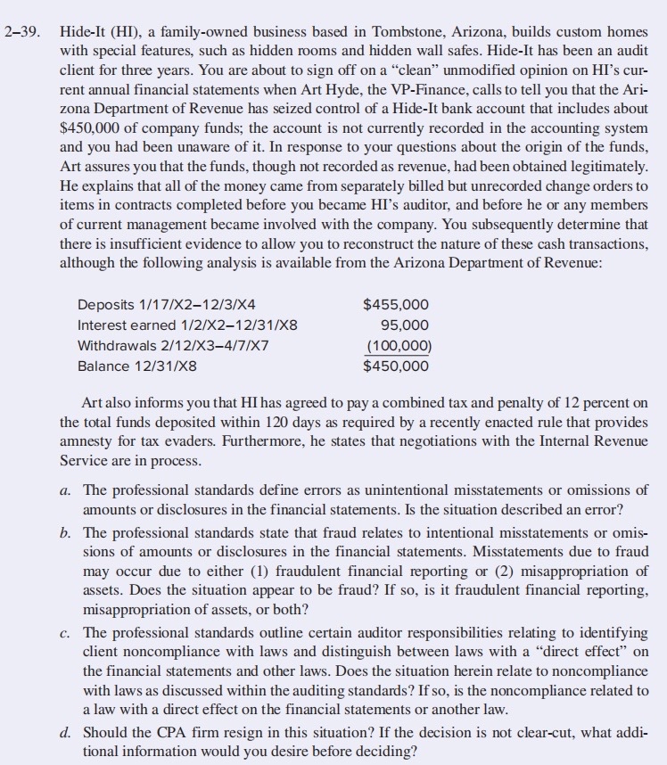  2-39. Hide-It (HI), a family-owned business based in Tombstone, Arizona, builds