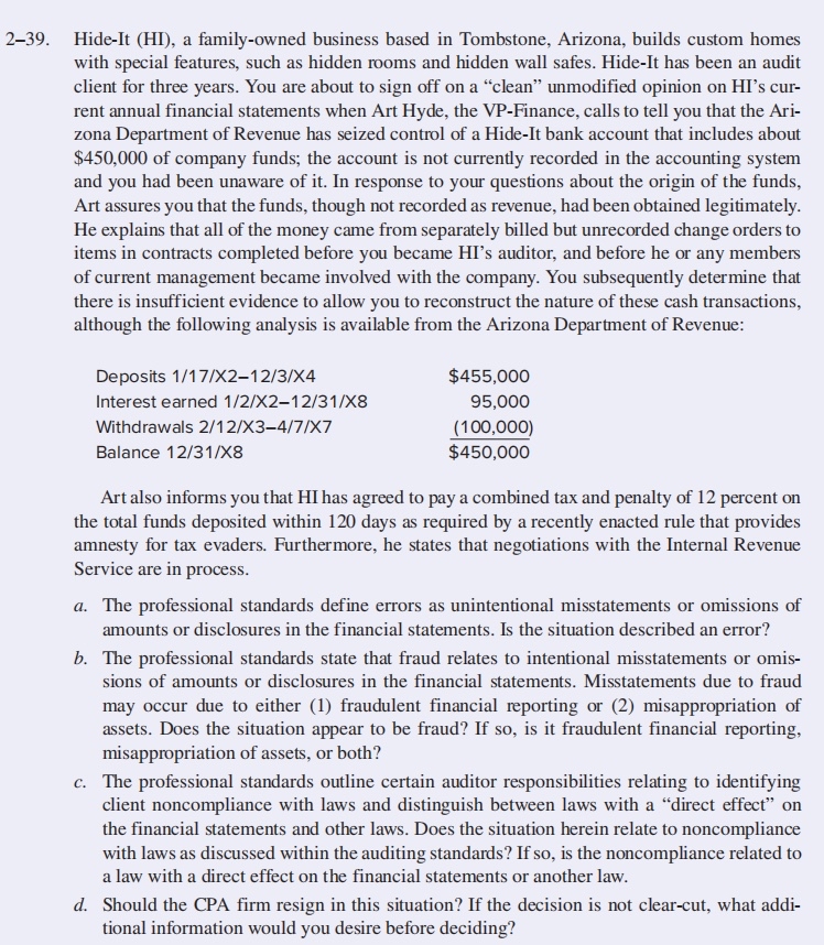  2-39. Hide-It (HI), a family-owned business based in Tombstone, Arizona, builds