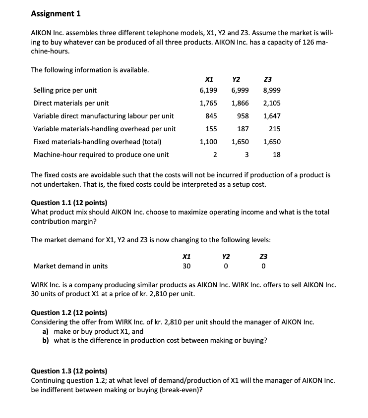  AIKON Inc. assembles three different telephone models, X1, Y2 and Z3.