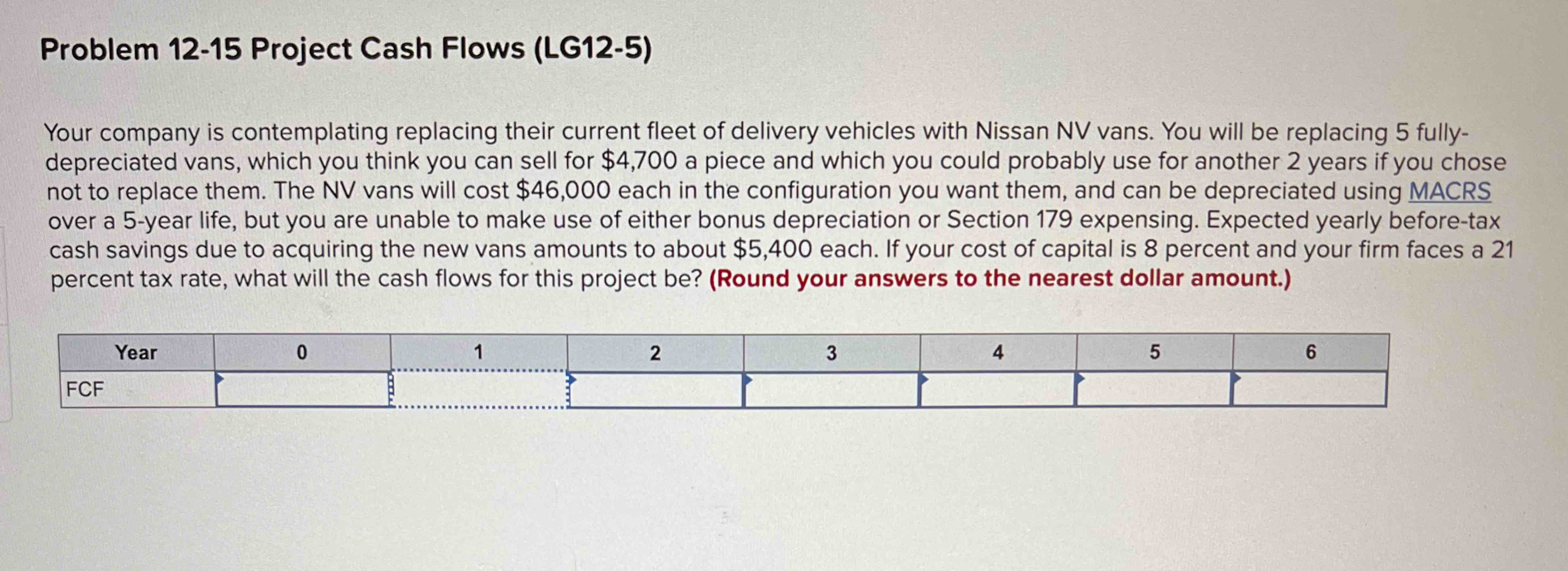  Problem 12-15 Project Cash Flows (LG12-5) Your company is contemplating replacing