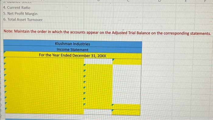 or "Q" The following is an Adjusted Trial Balance for Klushman Industries: