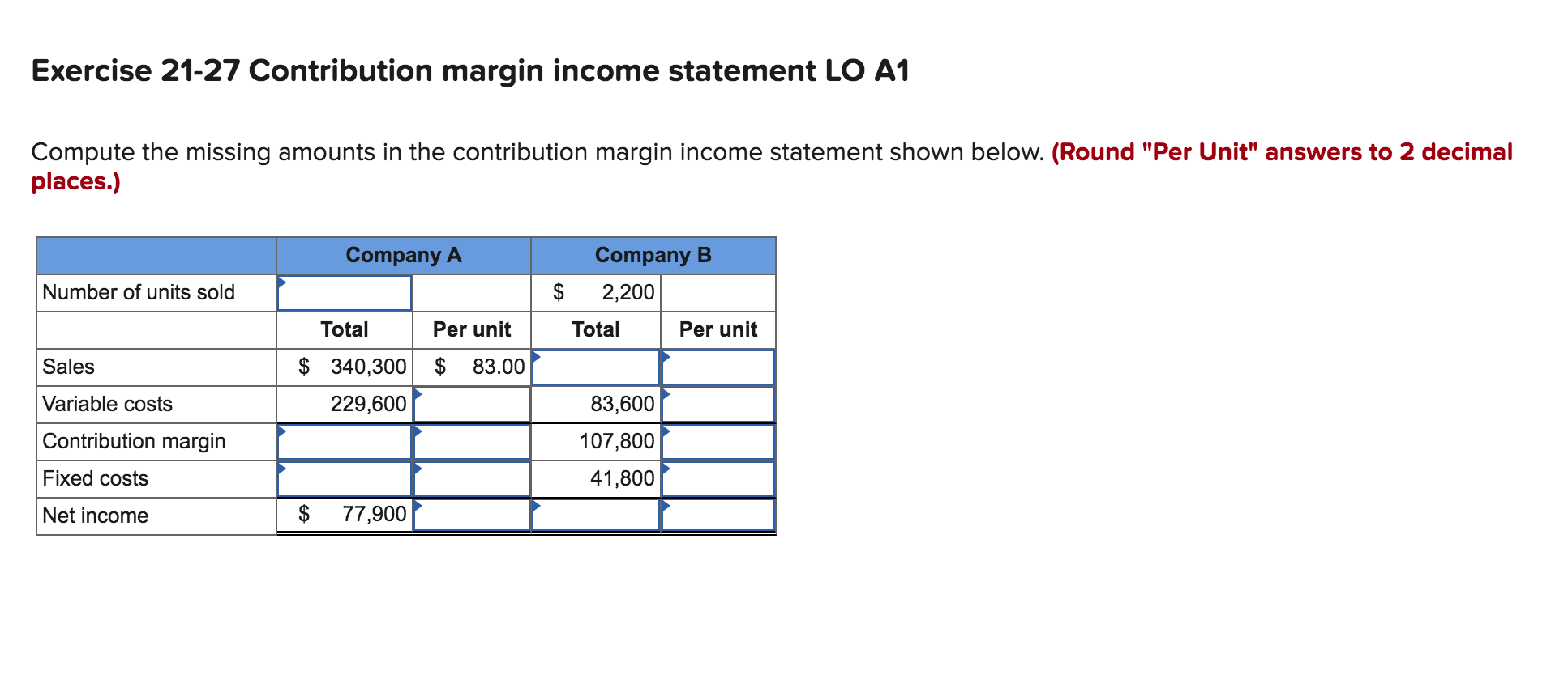  Exercise 21-27 Contribution margin income statement LO A1 Compute the missing