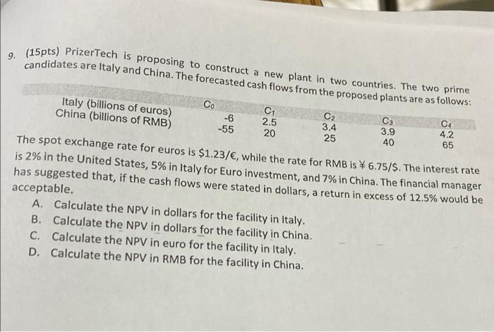  9. (15pts) PrizerTech is proposing to construct a new plant in