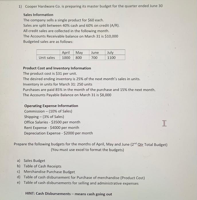 I am stuck here. Please help and show cell formulas! 1) Cooper