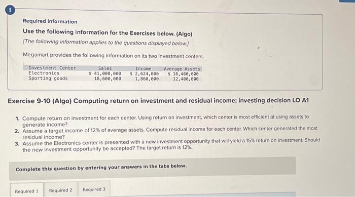  Required information Use the following information for the Exercises below. (Algo)