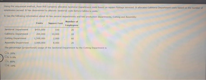  Costs Using the sequential method, Pone Hill Company allocates Janitorial Department
