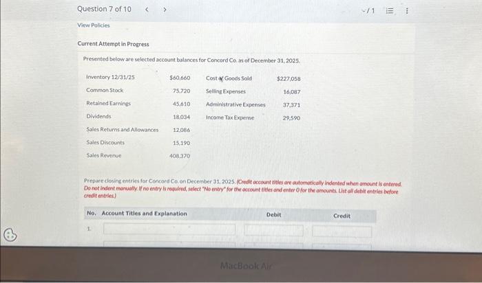  Current Attempt in Progress Presented below are selected account balances for