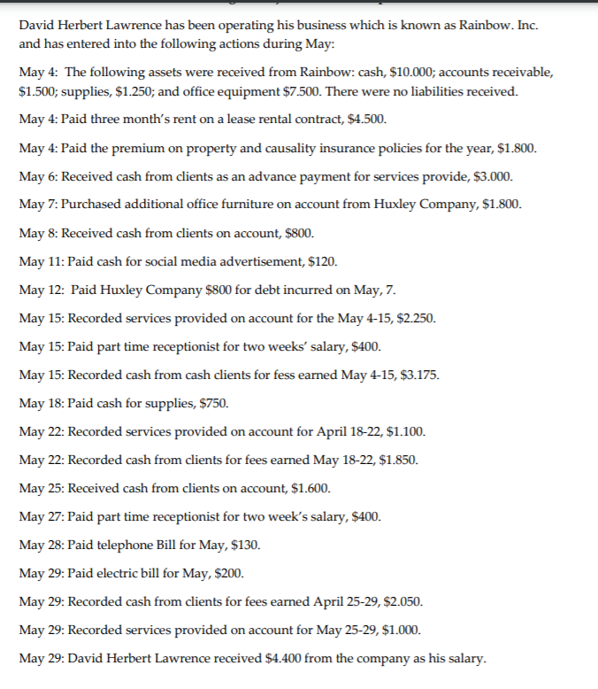 Record the transactions below in general journal form? David Herbert Lawrence has