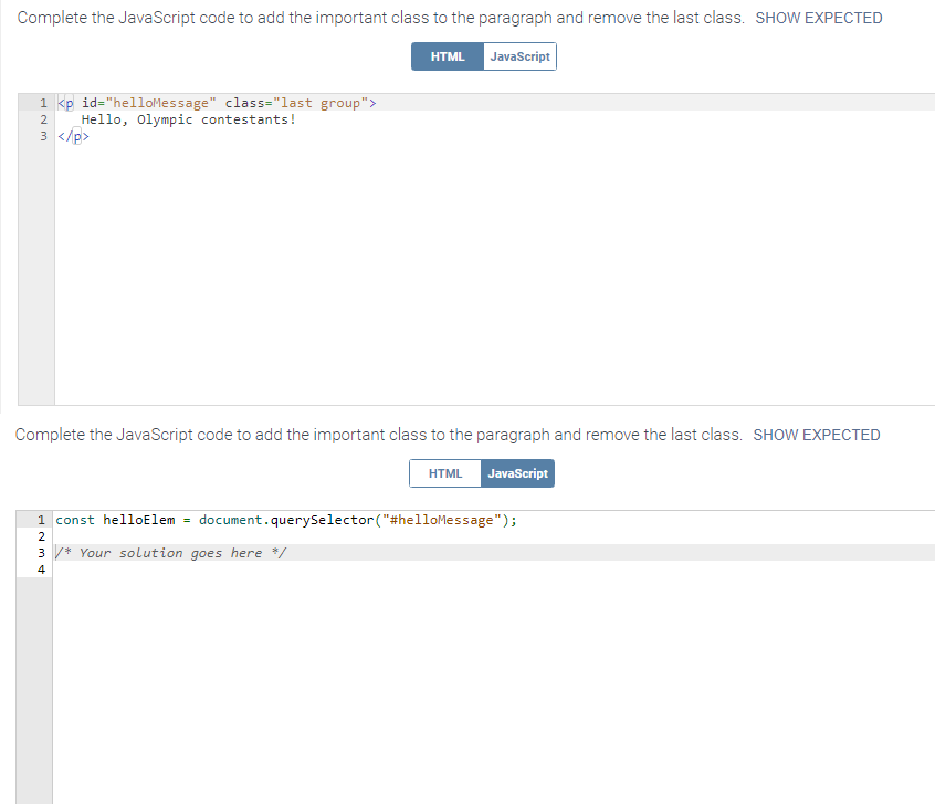  )** Hello, Olympic contestants! (:/p> Complete the JavaScript code to add