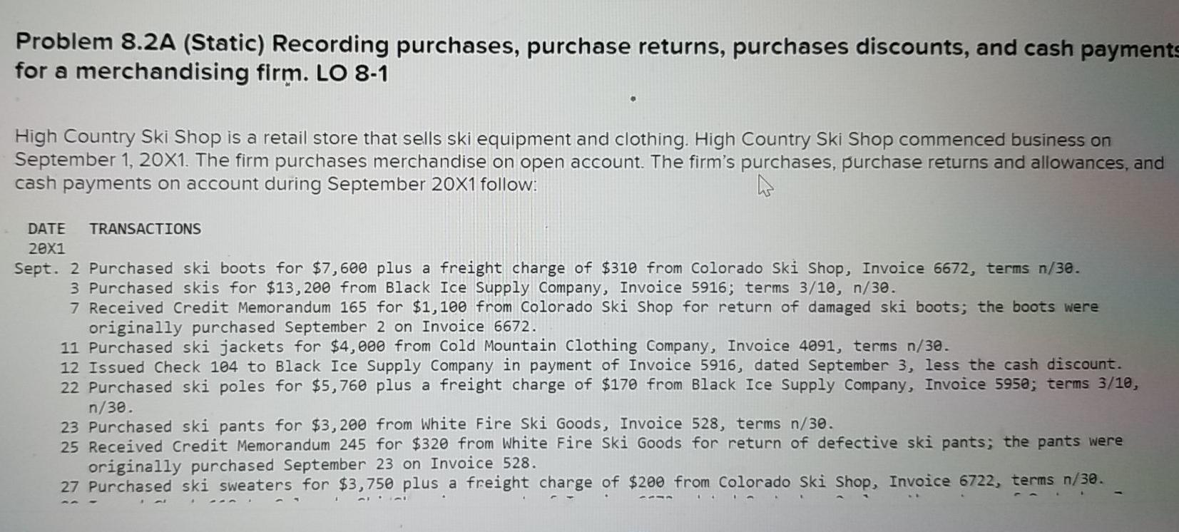 Problem 8.2A (Static) Recording purchases, purchase returns, purchases discounts, and cash